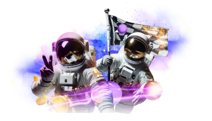 Moonwin two astronauts celebrating a mission with a flag