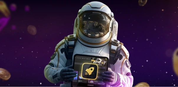 Moonwin astronaut presenting a tablet with a symbol display