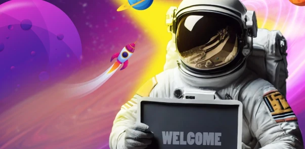 Moonwin astronaut holding a welcome sign in space